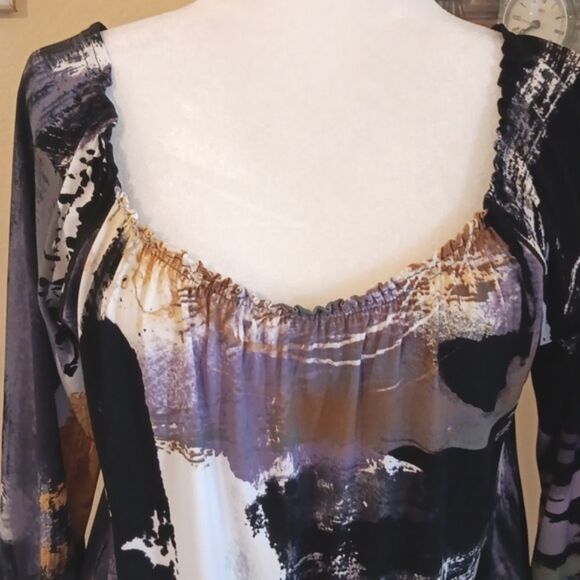 Eva Varro Gathered Tunic Dress Long Sleeve.  Scoop Neck. Absract - Picture 3 of 10